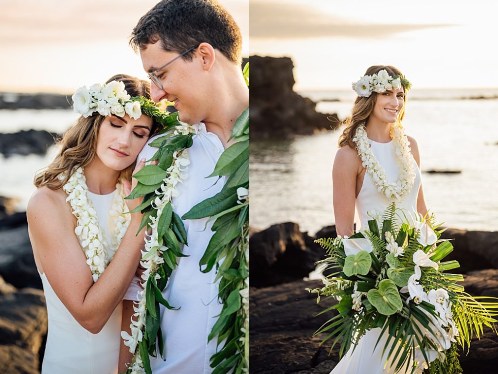 Stunning couple with beautiful hawaii floral arrangement at their wedding