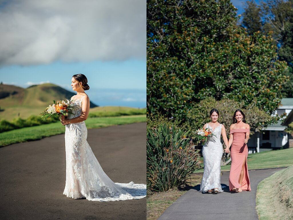 bride and sister walking to the wedding