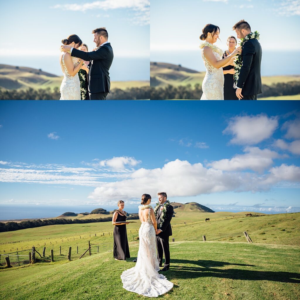 Bride and groom putting leis on each other