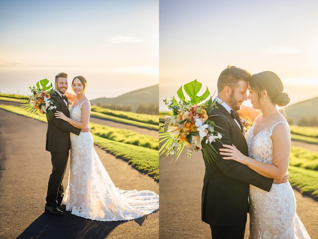 glow of sunset at kahua ranch with the newlyweds