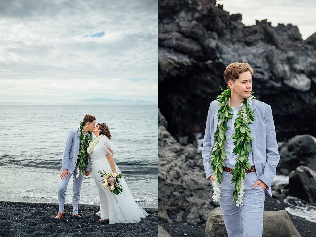 lava and beach on a black sand location in hawaii