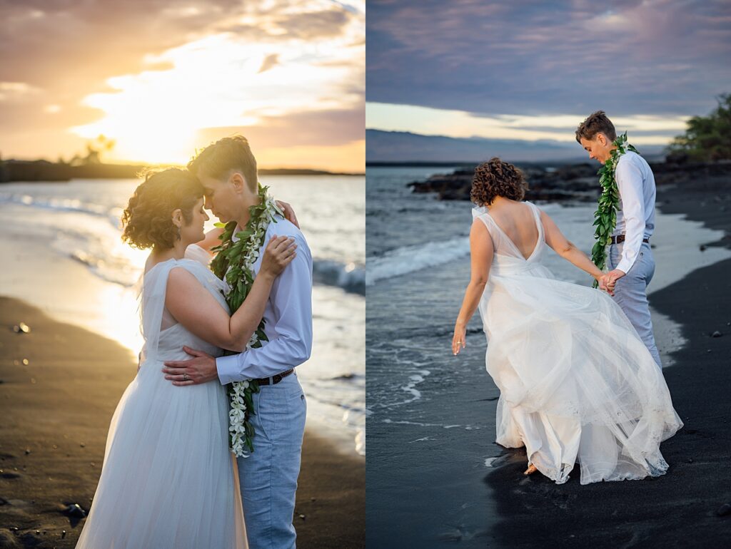 newlyweds playing on the beach