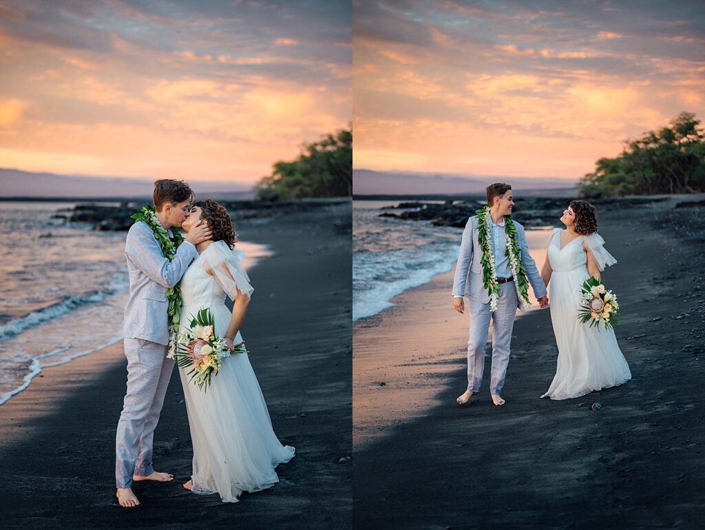 stunning sunset colors with newlyweds on a beach